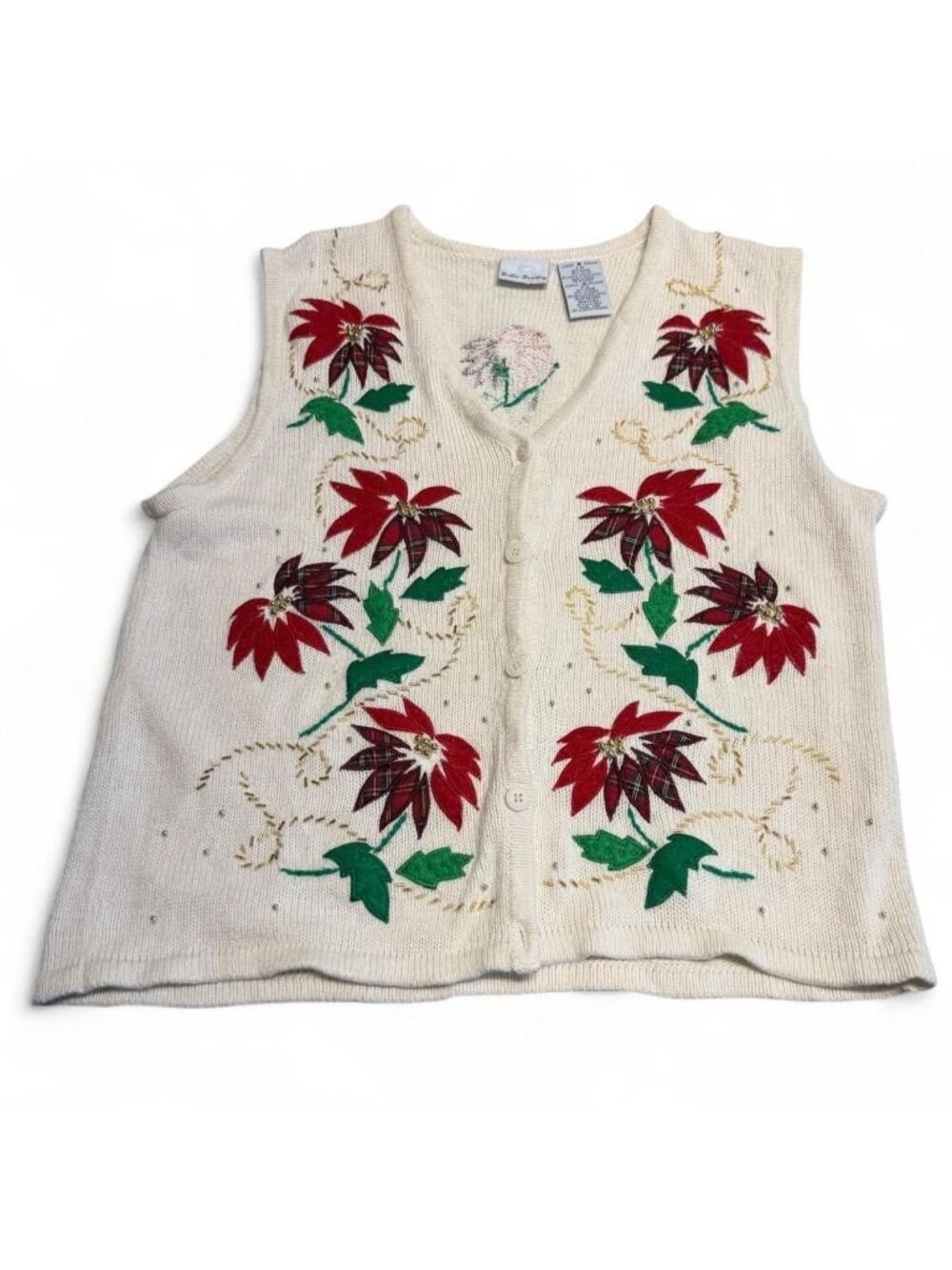 90's Vintage Bobbie Brooks Poinsettia Knit Sweater Vest Woemen's Medium Holiday